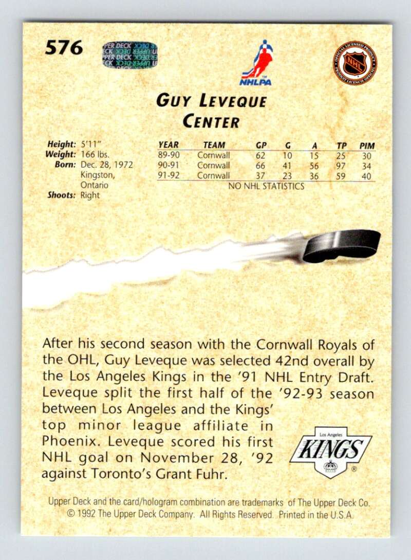 1992-93 Upper Deck Hockey  #576 Guy Leveque YG  RC Rookie Los Angeles Kings  Image 2