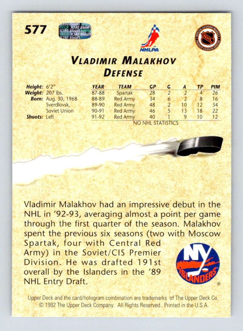 1992-93 Upper Deck Hockey  #577 Vladimir Malakhov YG  New York Islanders  Image 2