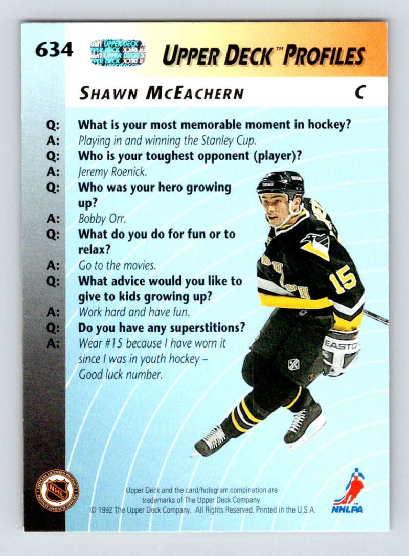 1992-93 Upper Deck Hockey  #634 Shawn McEachern PRO  Pittsburgh Penguins  Image 2