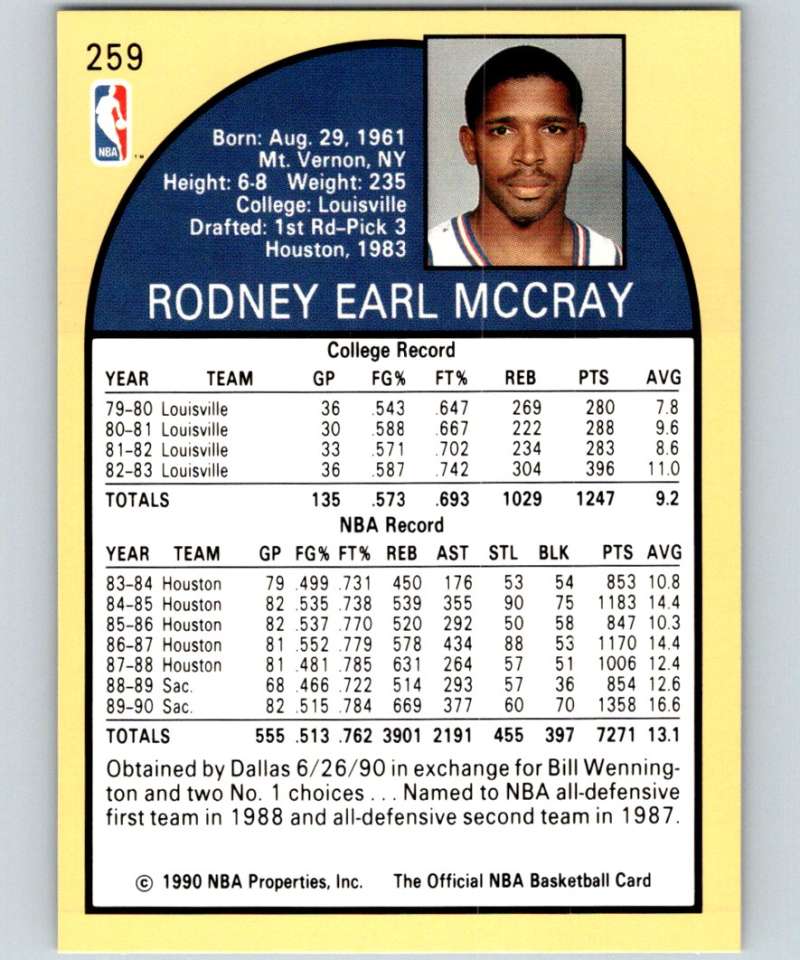 1990-91 Hopps Basketball #259 Rodney McCray  SP Sacramento Kings  Image 2