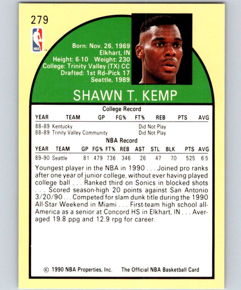 1990-91 Hopps Basketball #279 Shawn Kemp  RC Rookie Seattle SuperSonics  Image 2