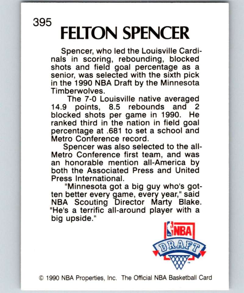 1990-91 Hopps Basketball #395 Felton Spencer  RC Rookie Minnesota Timberwolves  Image 2