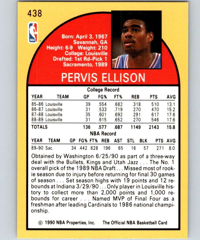 1990-91 Hopps Basketball #438 Pervis Ellison  Washington Bullets  Image 2