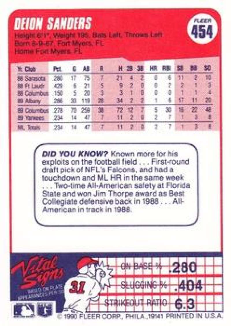 1990 Fleer Baseball #454 Deion Sanders  New York Yankees  Image 2