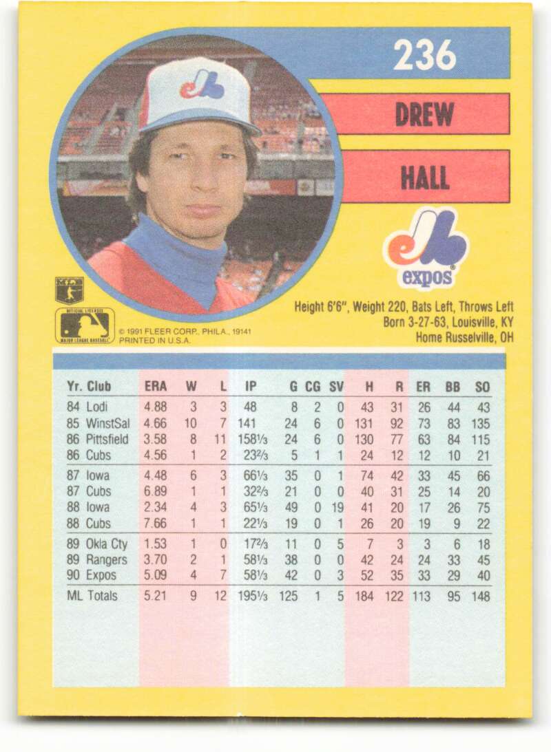 1991 Fleer Baseball #236 Drew Hall  Montreal Expos  Image 2