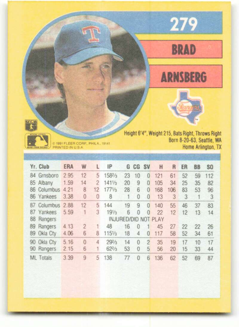 1991 Fleer Baseball #279 Brad Arnsberg  Texas Rangers  Image 2