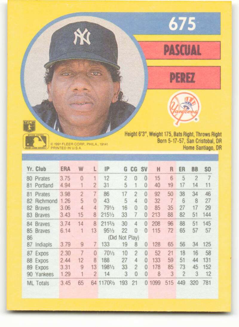 1991 Fleer Baseball #675 Pascual Perez  New York Yankees  Image 2