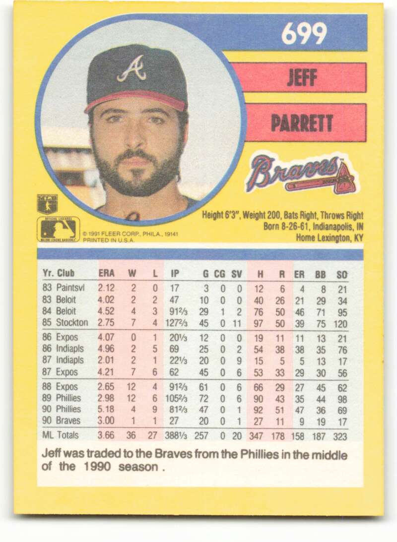 1991 Fleer Baseball #699 Jeff Parrett  Atlanta Braves  Image 2