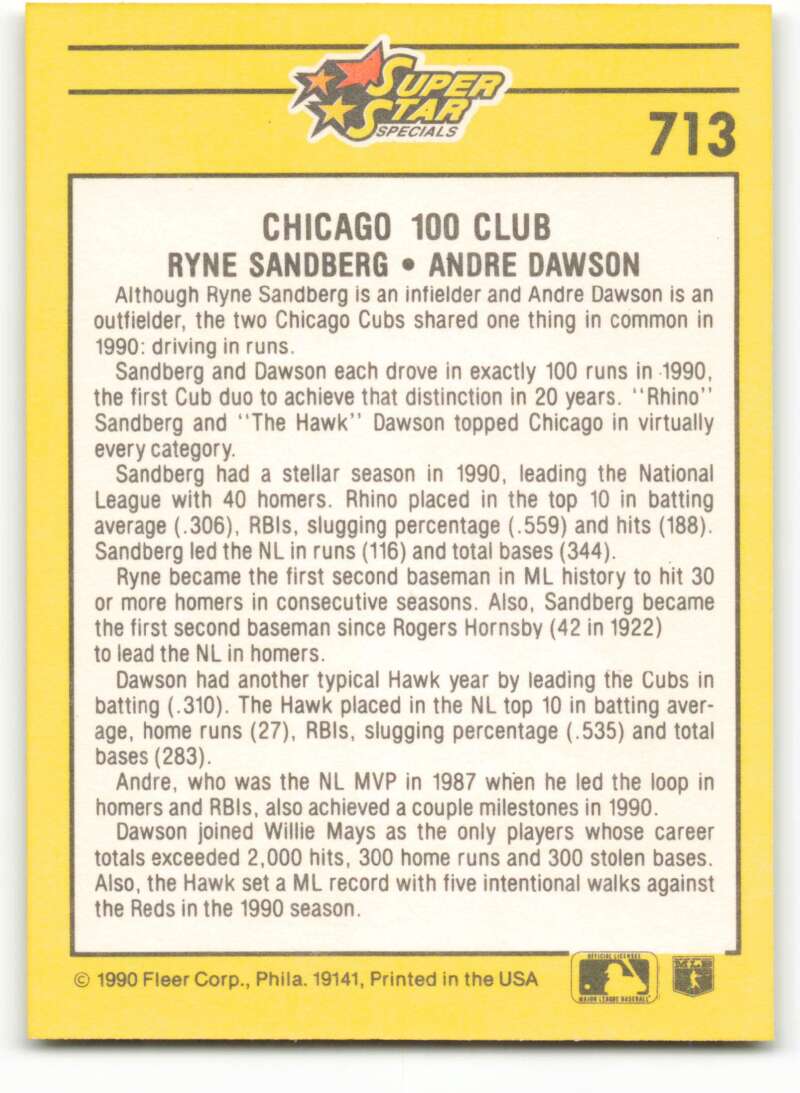1991 Fleer Baseball #713 Ryne Sandberg/Andre Dawson Chicago 100 Club Image 2