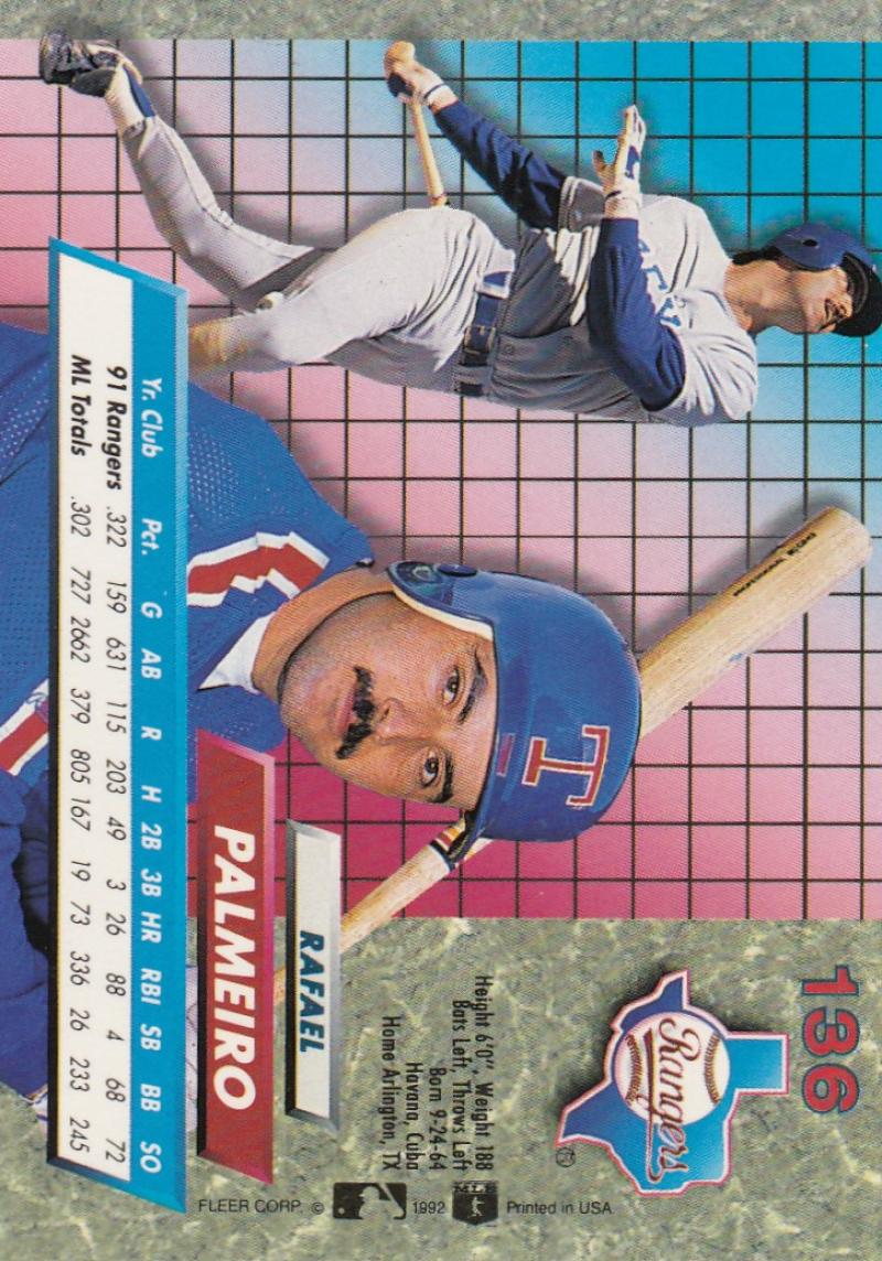 1992 Fleer Ultra Baseball #136 Rafael Palmeiro  Texas Rangers  Image 2