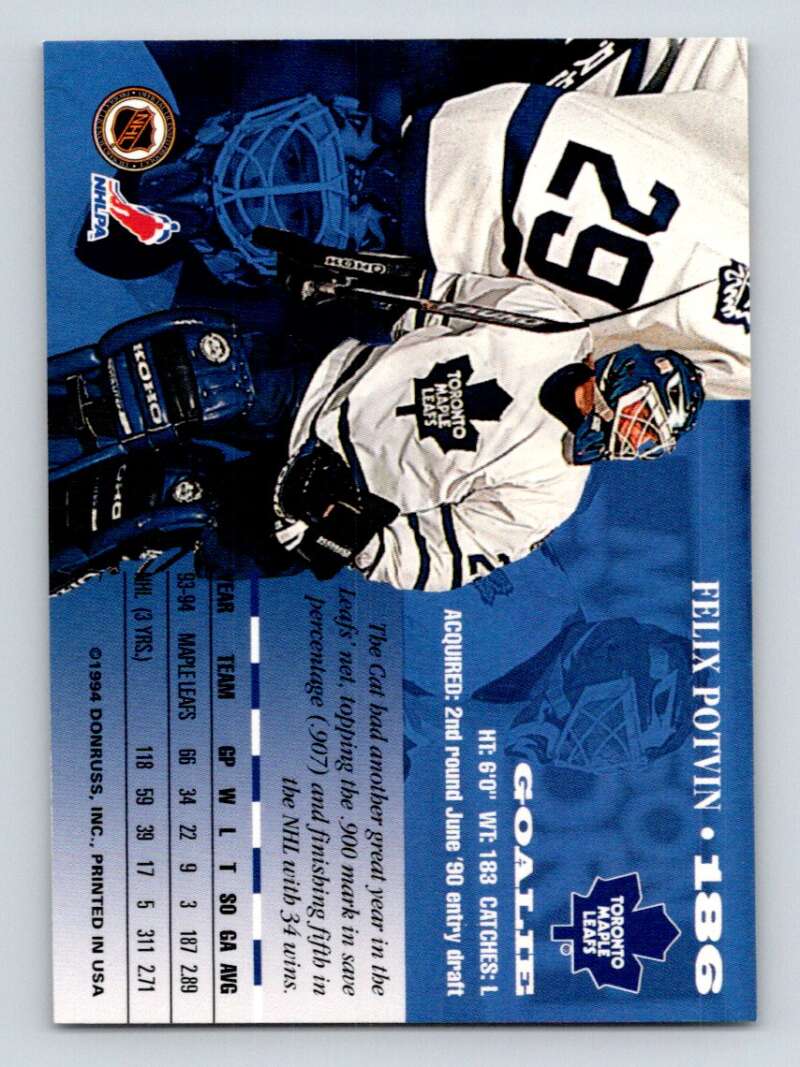 1994-95 Leaf #186 Felix Potvin  Toronto Maple Leafs  Image 2