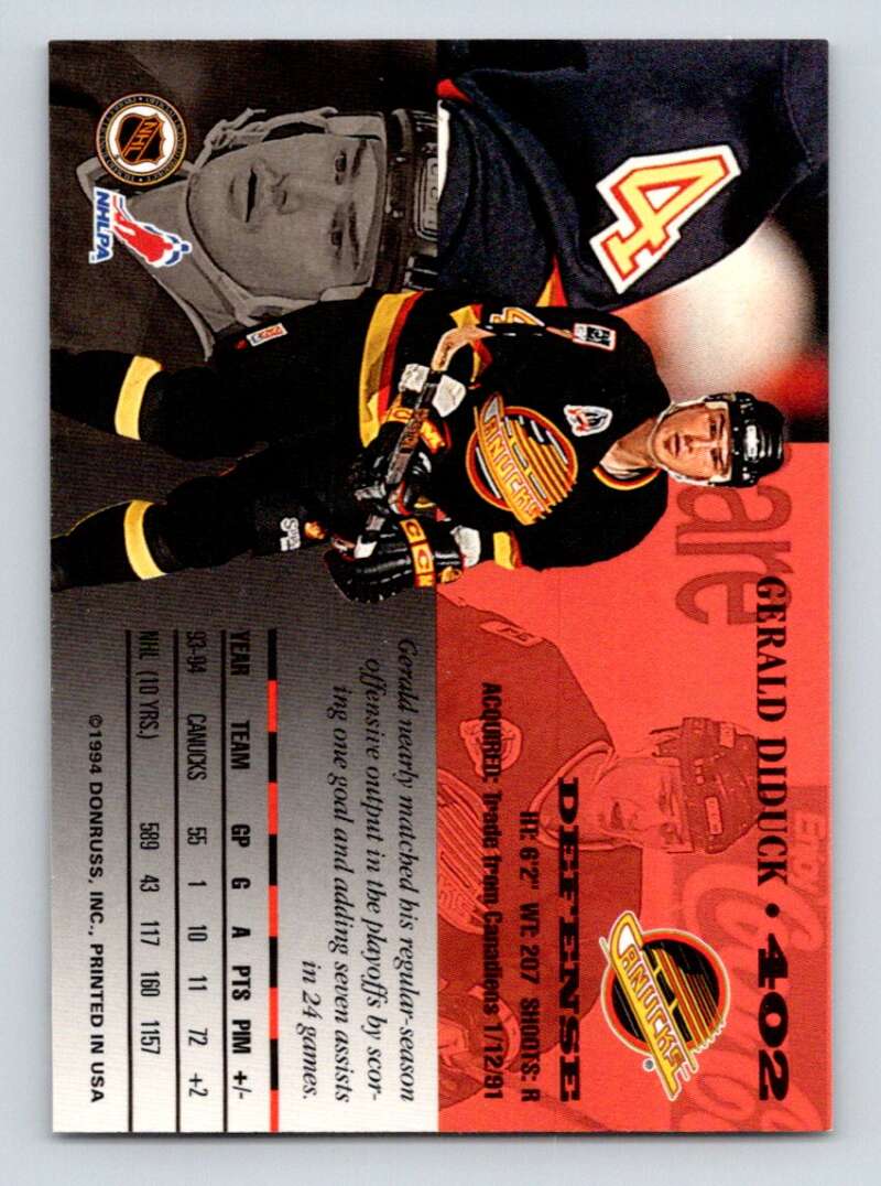 1994-95 Leaf #402 Gerald Diduck  Vancouver Canucks  Image 2