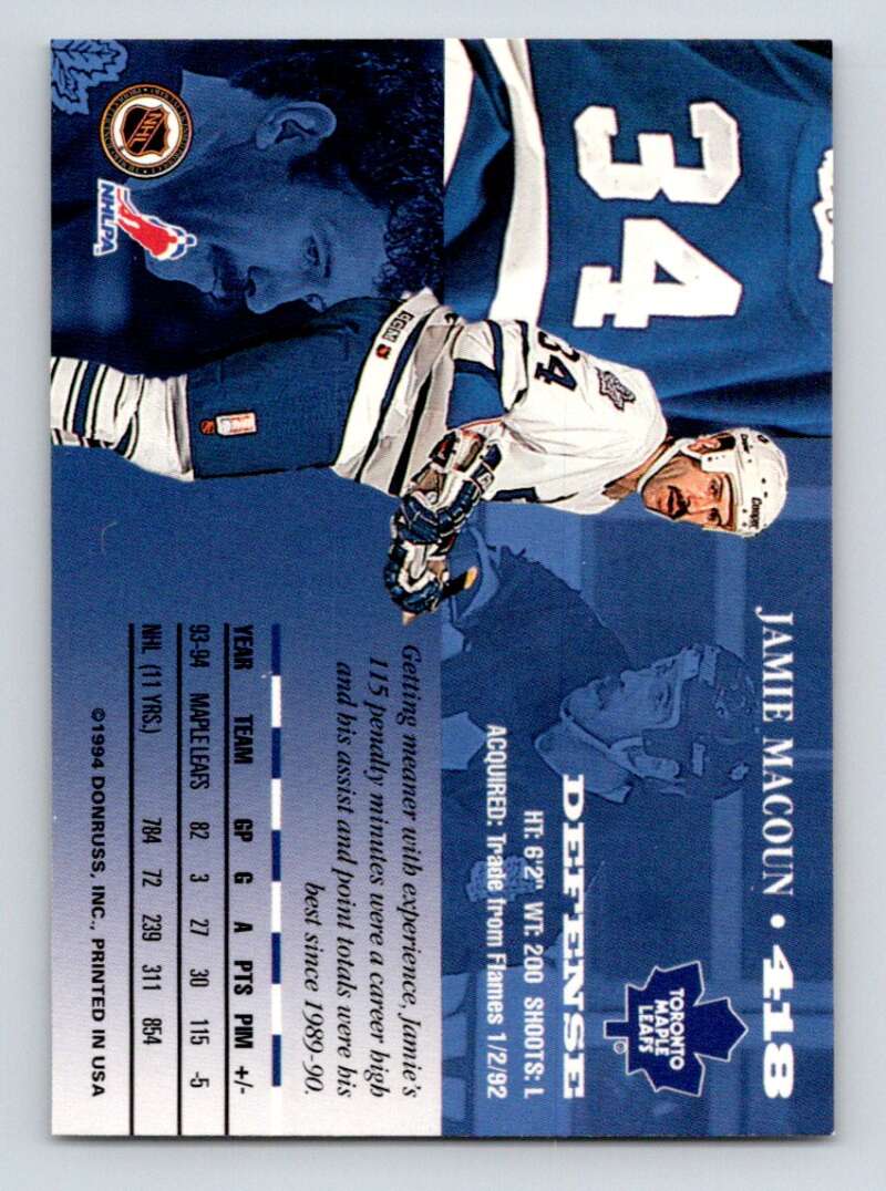 1994-95 Leaf #418 Jamie Macoun  Toronto Maple Leafs  Image 2