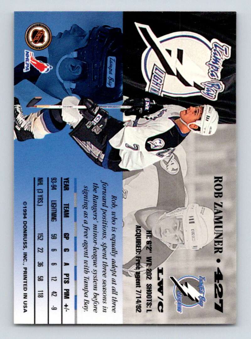 1994-95 Leaf #427 Rob Zamuner  Tampa Bay Lightning  Image 2