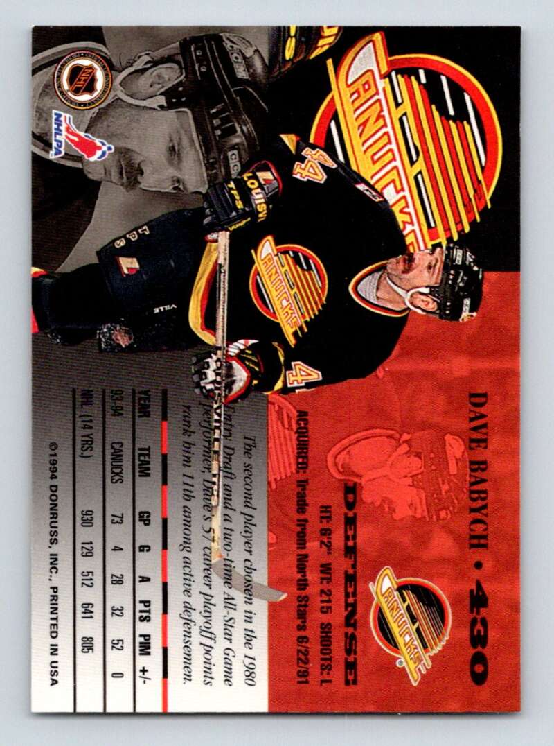 1994-95 Leaf #430 Dave Babych  Vancouver Canucks  Image 2