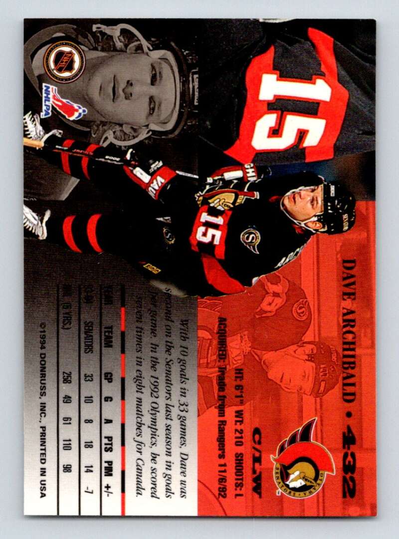 1994-95 Leaf #432 Dave Archibald  Ottawa Senators  Image 2