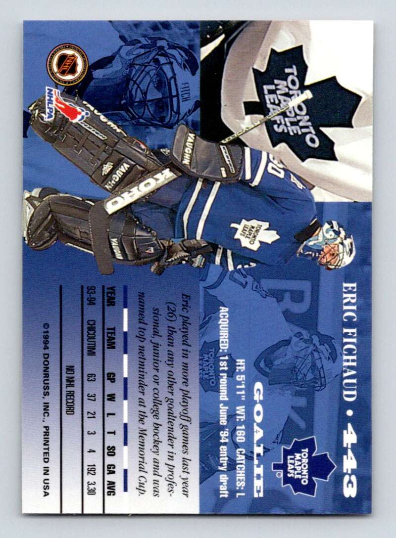 1994-95 Leaf #443 Eric Fichaud  RC Rookie Toronto Maple Leafs  Image 2