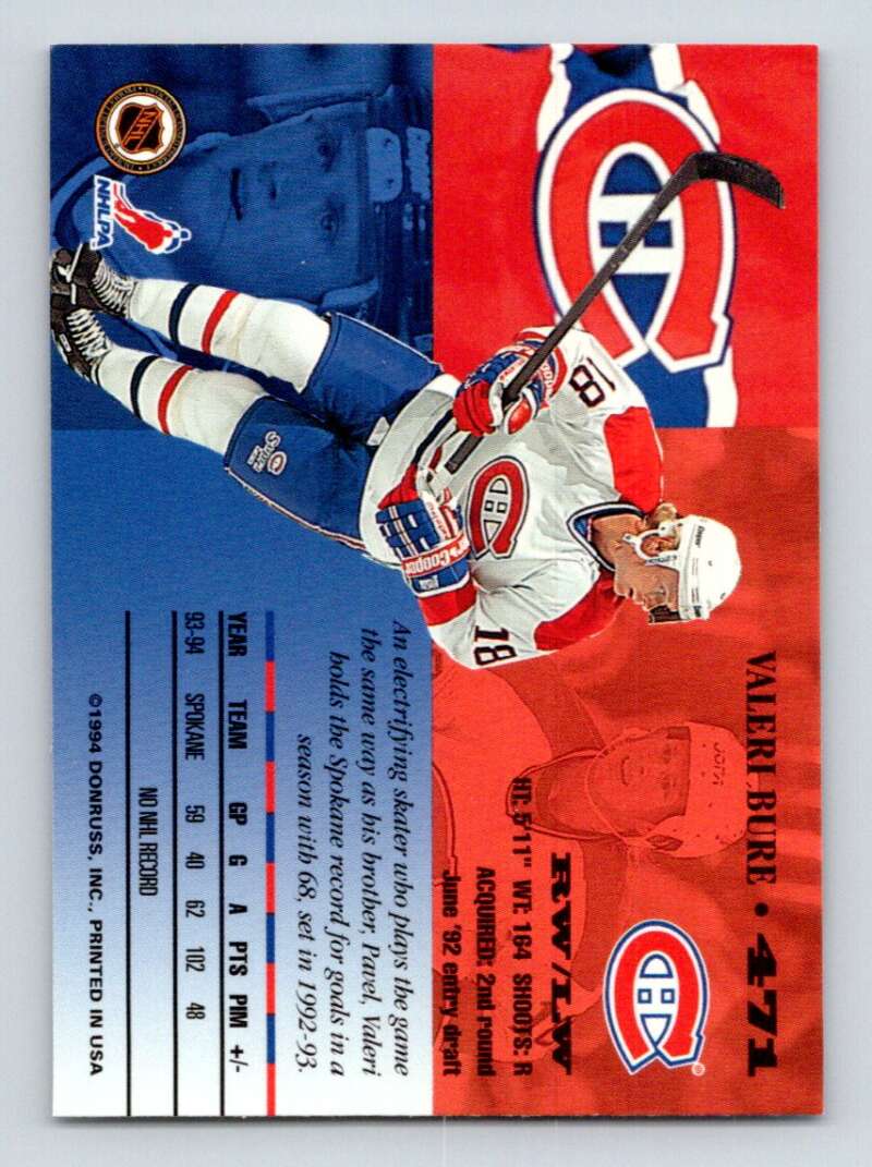 1994-95 Leaf #471 Valeri Bure  Montreal Canadiens  Image 2