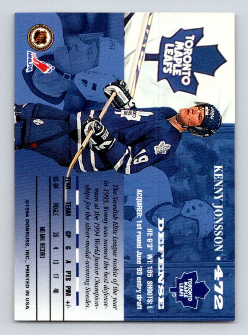 1994-95 Leaf #472 Kenny Jonsson  Toronto Maple Leafs  Image 2