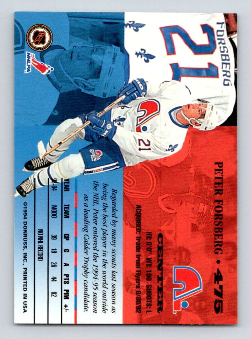 1994-95 Leaf #475 Peter Forsberg  Quebec Nordiques  Image 2