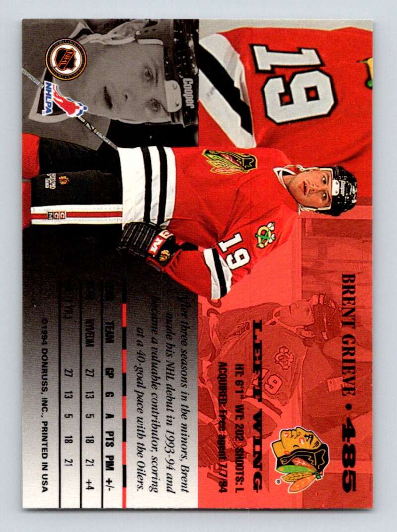 1994-95 Leaf #485 Brent Grieve  RC Rookie Chicago Blackhawks  Image 2