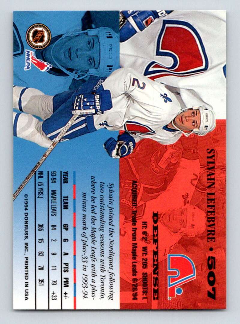 1994-95 Leaf #507 Sylvain Lefebvre  Quebec Nordiques  Image 2