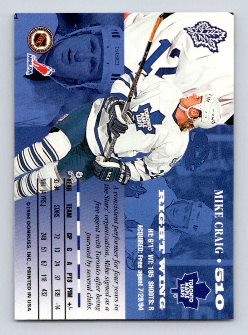 1994-95 Leaf #510 Mike Craig  Toronto Maple Leafs  Image 2