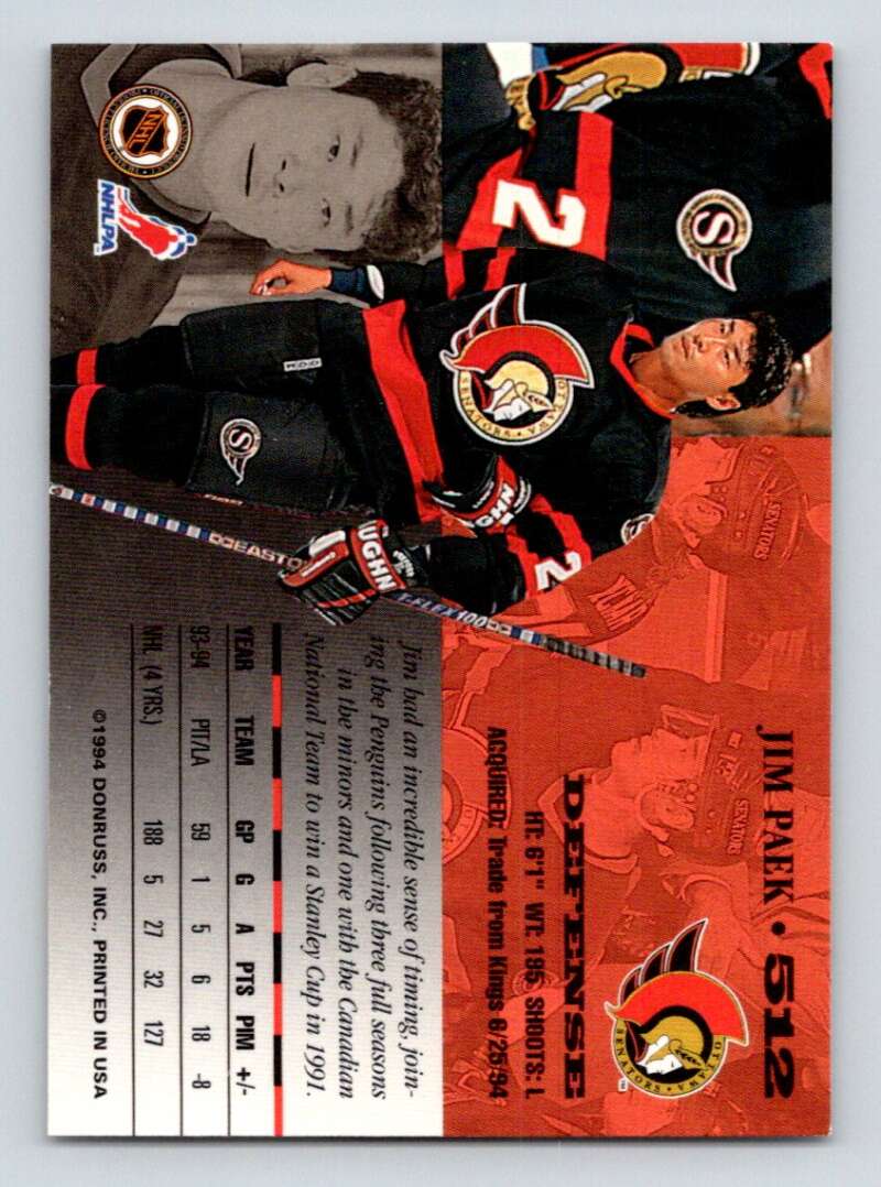 1994-95 Leaf #512 Jim Paek  Ottawa Senators  Image 2