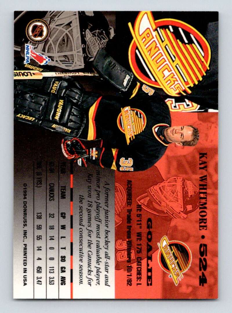 1994-95 Leaf #524 Kay Whitmore  Vancouver Canucks  Image 2