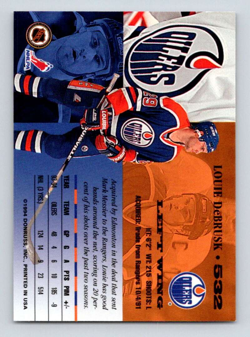 1994-95 Leaf #532 Louie DeBrusk  Edmonton Oilers  Image 2