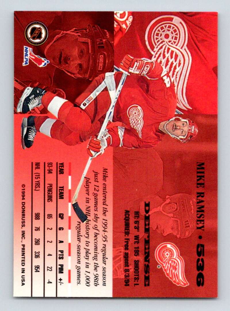 1994-95 Leaf #536 Mike Ramsey  Detroit Red Wings  Image 2