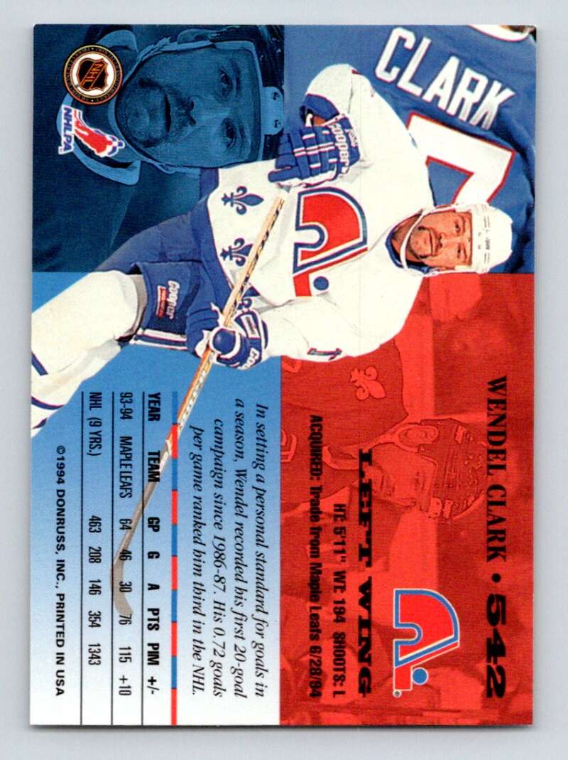 1994-95 Leaf #542 Wendel Clark  Quebec Nordiques  Image 2