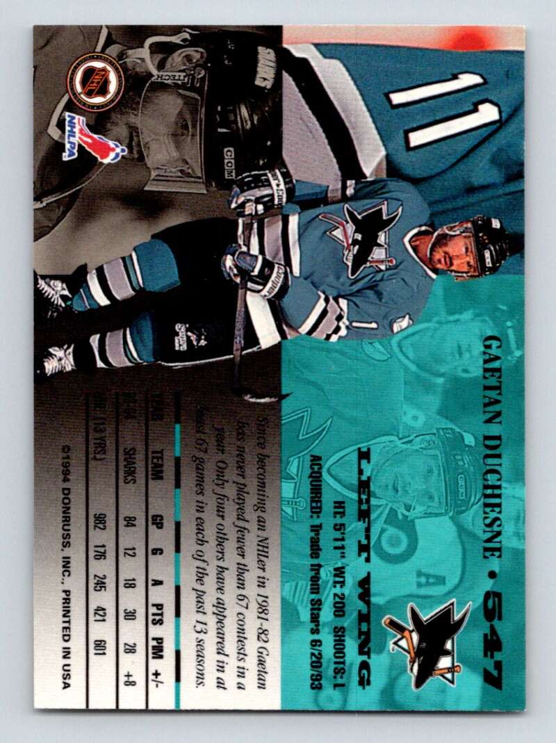 1994-95 Leaf #547 Gaetan Duchesne  San Jose Sharks  Image 2