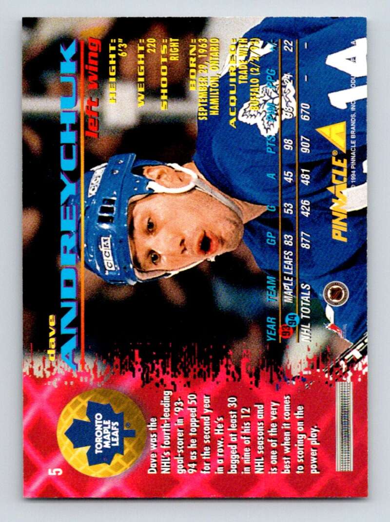 1994-95 Pinnacle #5 Dave Andreychuk  Toronto Maple Leafs  Image 2
