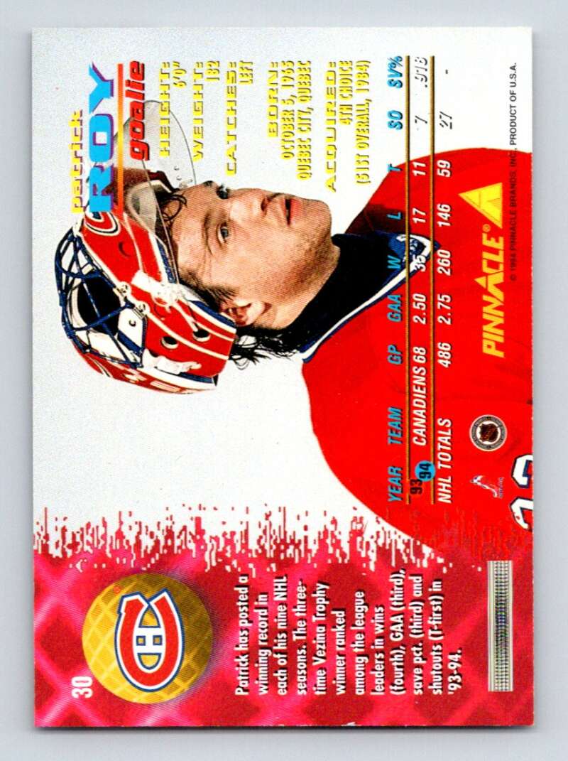 1994-95 Pinnacle #30 Patrick Roy  Montreal Canadiens  Image 2