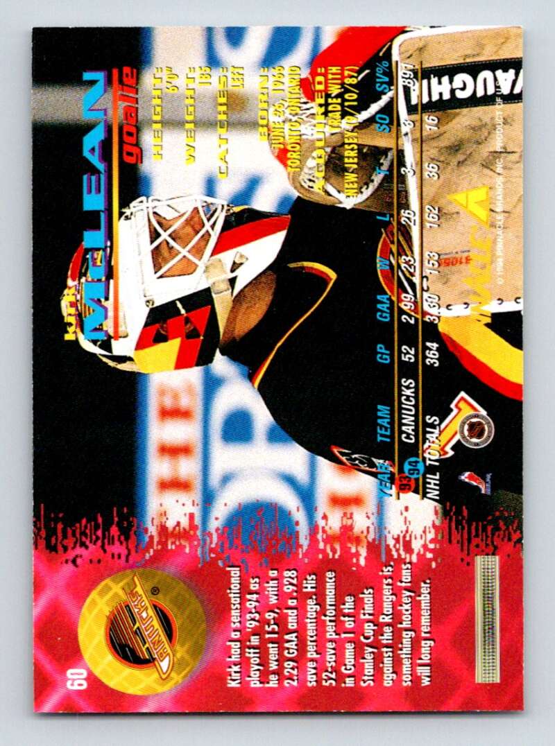 1994-95 Pinnacle #60 Kirk McLean  Vancouver Canucks  Image 2