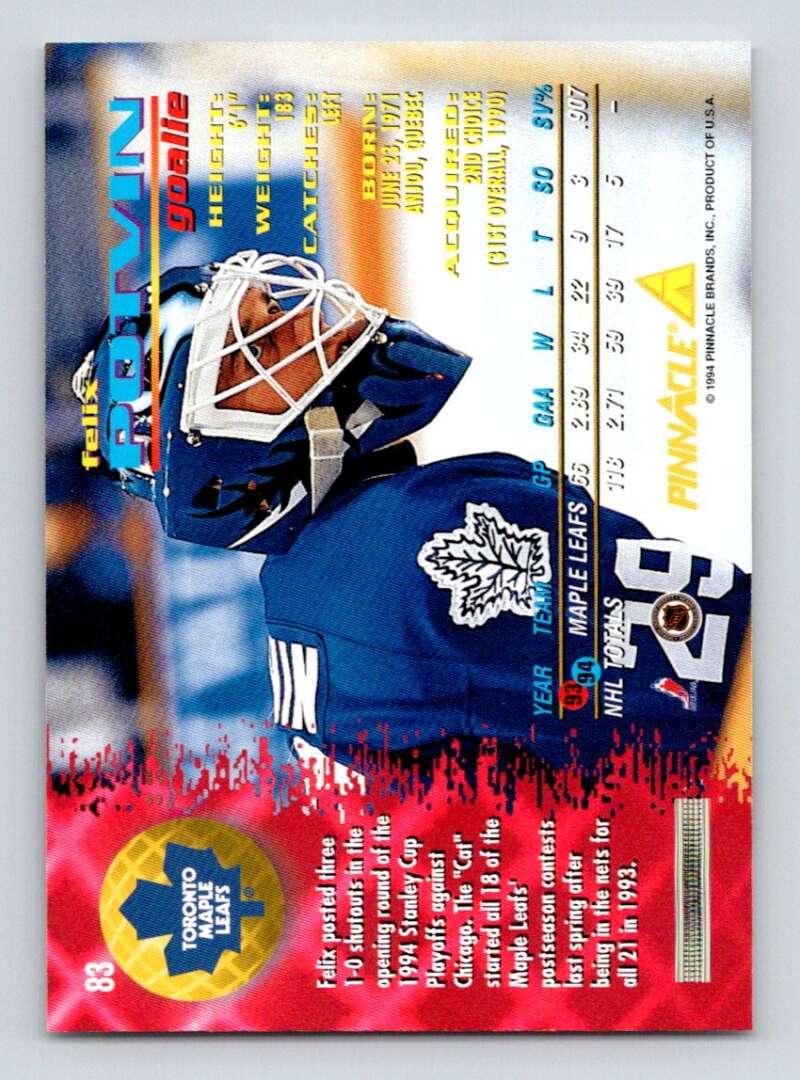1994-95 Pinnacle #83 Felix Potvin  Toronto Maple Leafs  Image 2