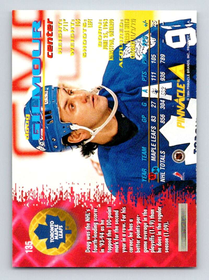 1994-95 Pinnacle #135 Doug Gilmour  Toronto Maple Leafs  Image 2