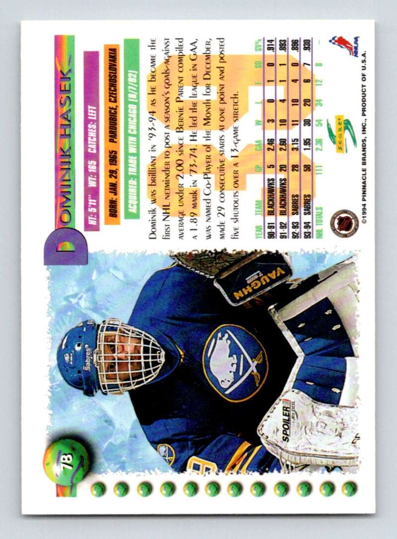 1994-95 Score Hockey #78 Dominik Hasek/Pavel Bure  Buffalo Sabres  V90743 Image 2