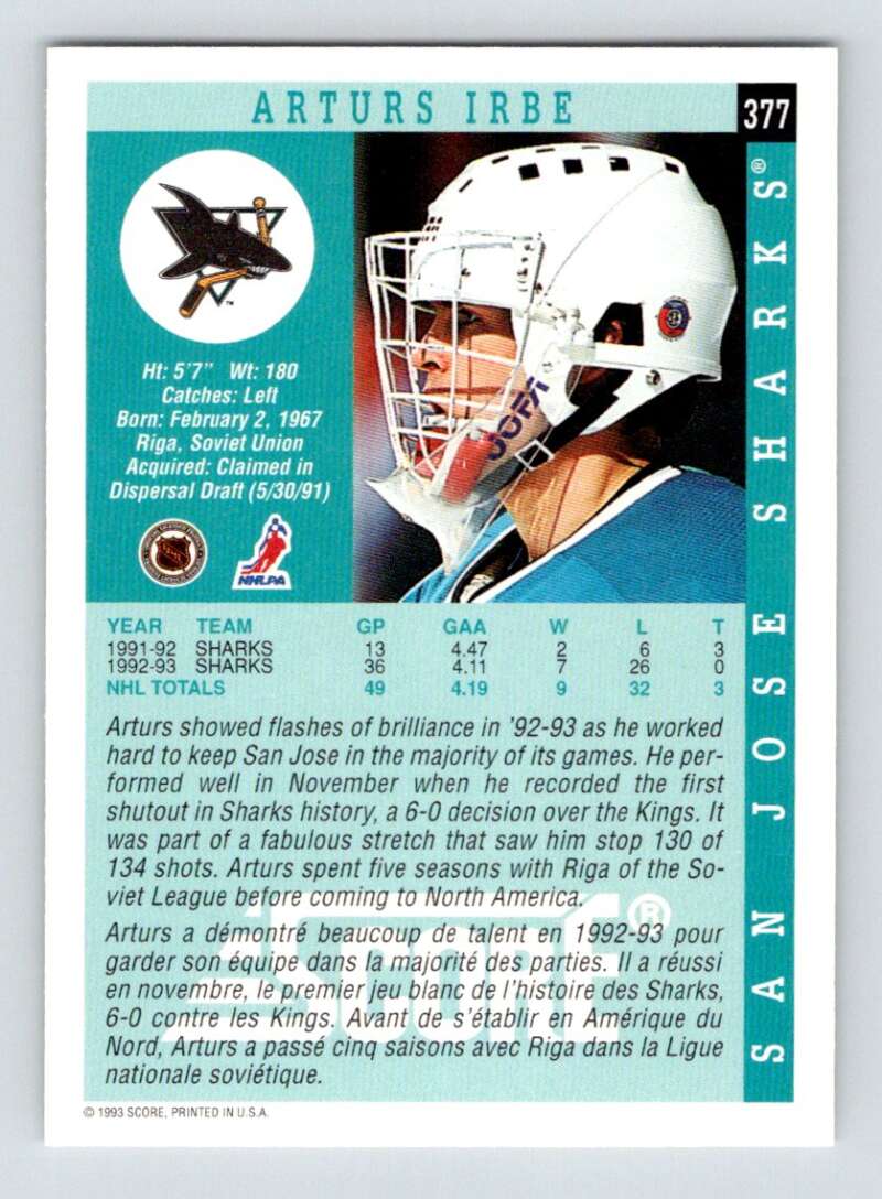1993-94 Score Canadian #377 Arturs Irbe Hockey San Jose Sharks  Image 2