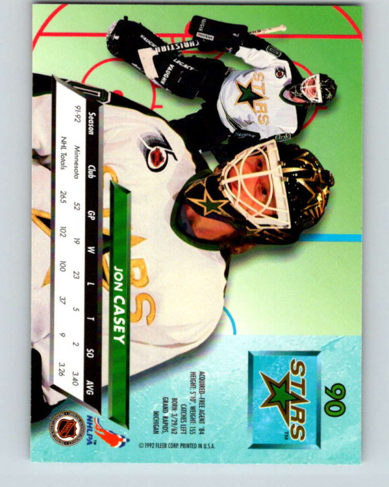 1992-93 Fleer Ultra #90 Jon Casey  Minnesota North Stars  Image 2