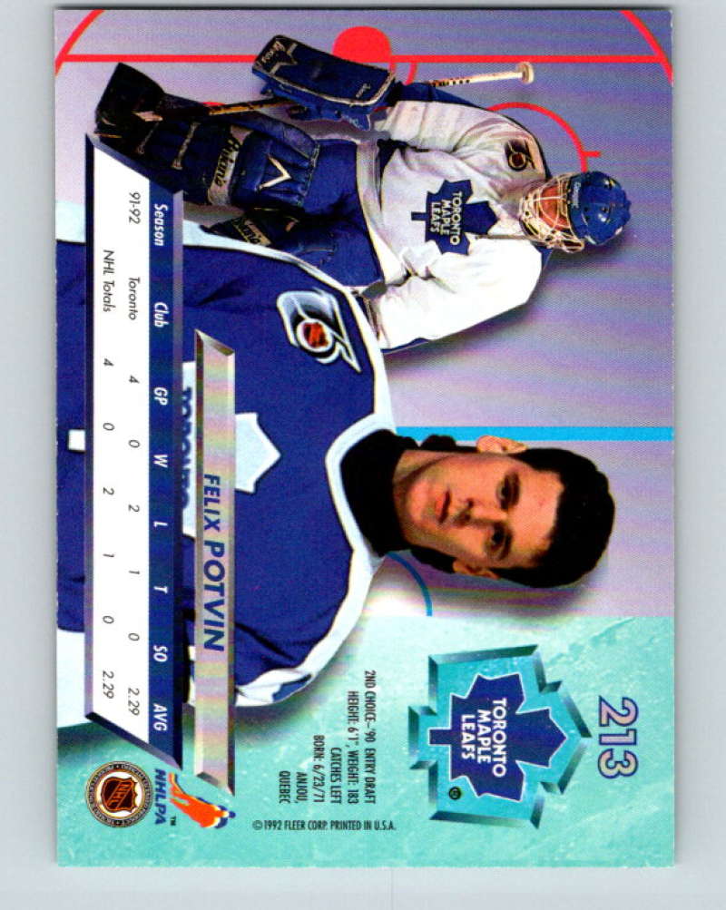 1992-93 Fleer Ultra #213 Felix Potvin  Toronto Maple Leafs  Image 2
