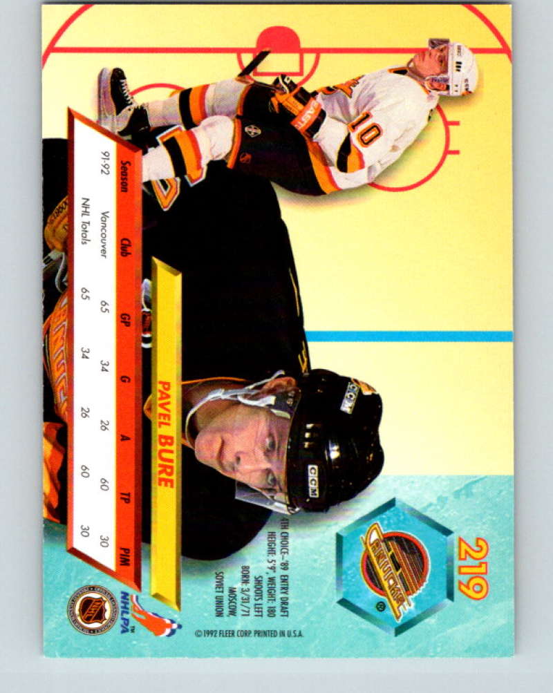 1992-93 Fleer Ultra #219 Pavel Bure  Vancouver Canucks  Image 2