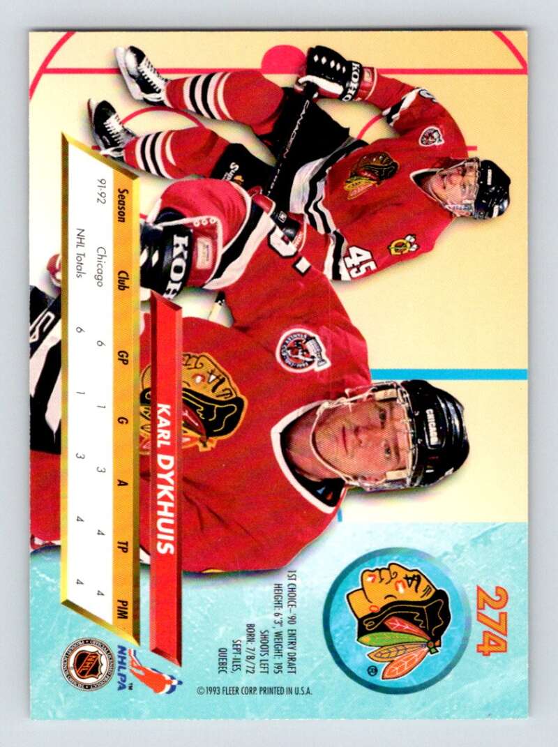1992-93 Fleer Ultra #274 Karl Dykhuis  Chicago Blackhawks  Image 2
