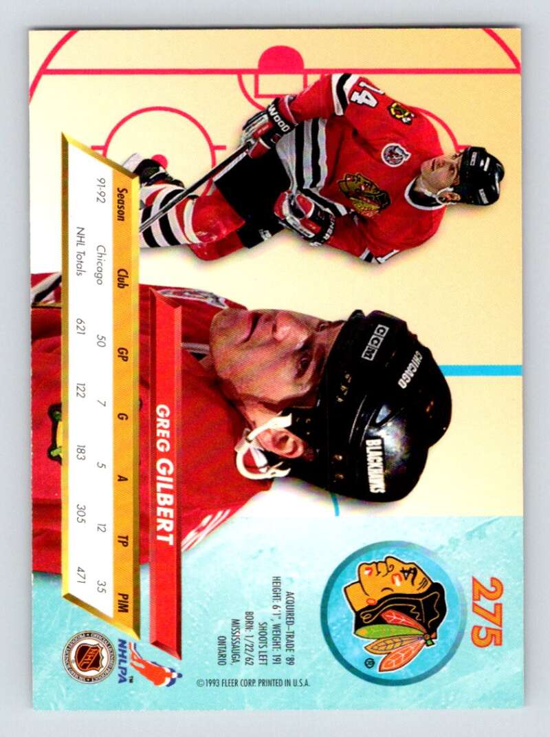 1992-93 Fleer Ultra #275 Greg Gilbert  Chicago Blackhawks  Image 2
