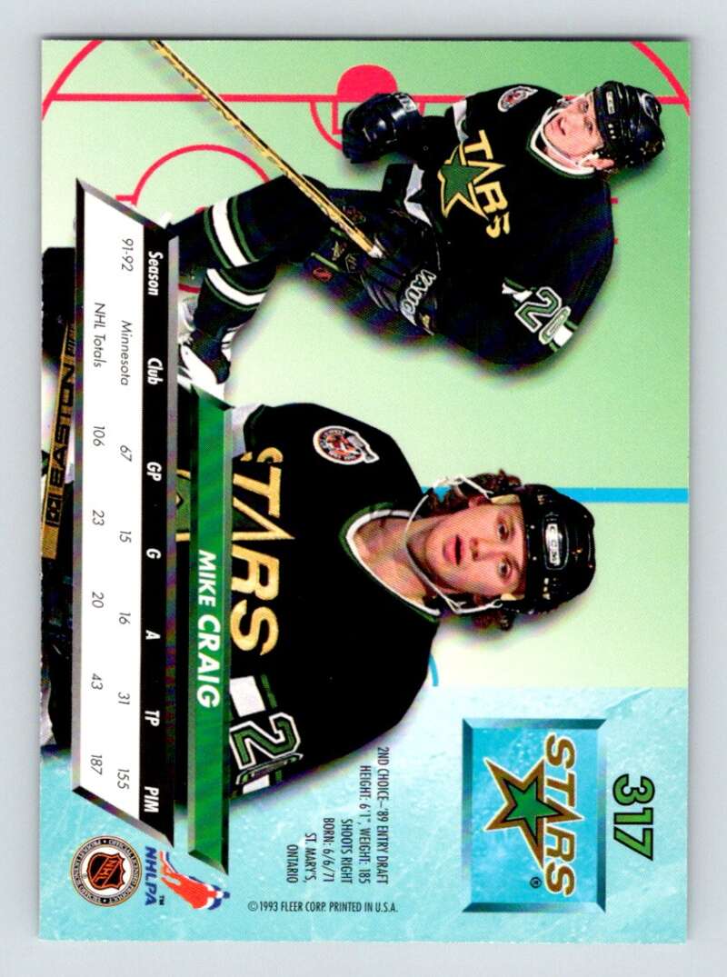 1992-93 Fleer Ultra #317 Mike Craig  Minnesota North Stars  Image 2