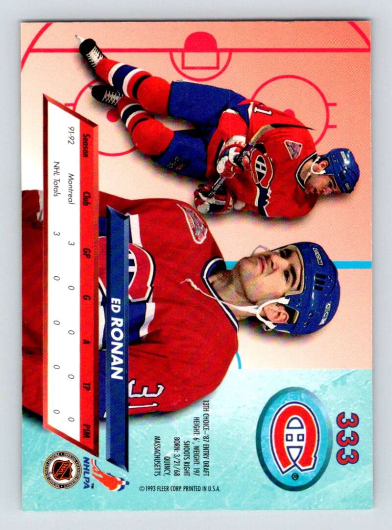 1992-93 Fleer Ultra #333 Ed Ronan  RC Rookie Montreal Canadiens  Image 2