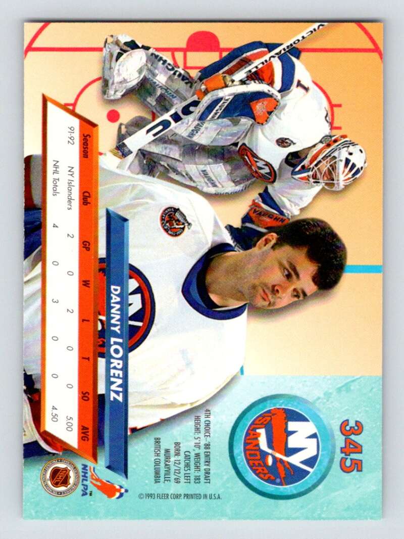 1992-93 Fleer Ultra #345 Danny Lorenz  RC Rookie New York Islanders  Image 2