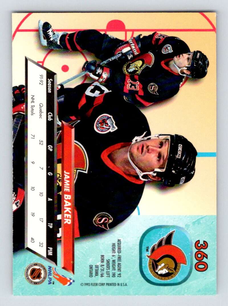 1992-93 Fleer Ultra #360 Jamie Baker  Quebec Nordiques  Image 2