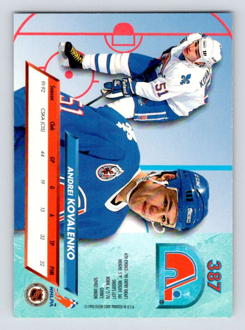 1992-93 Fleer Ultra #387 Andrei Kovalenko  RC Rookie Quebec Nordiques  Image 2